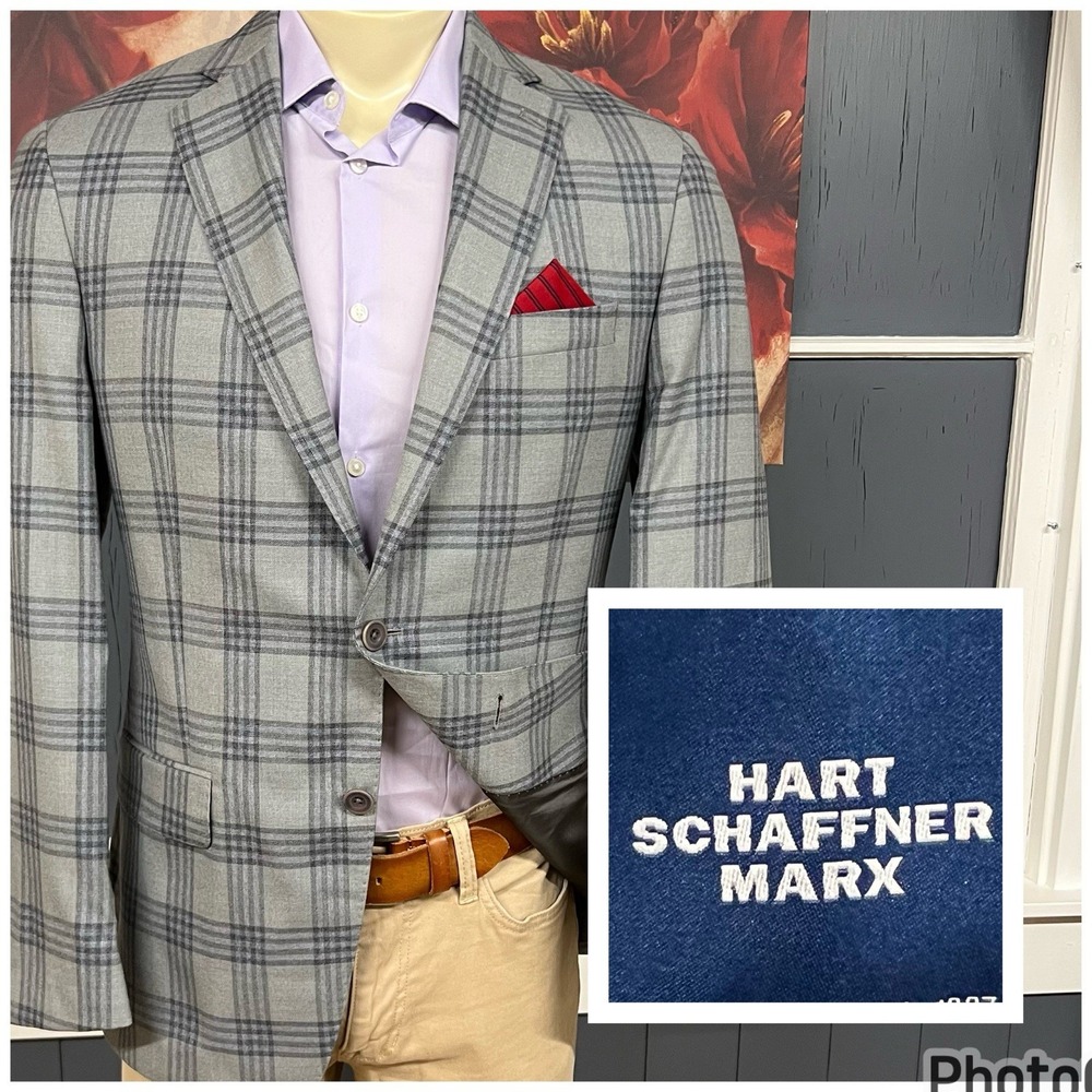 Hart Schaffner Marx Blazer Jacket Sport Coat Mens 39R Wool Gray/Blue Plaid